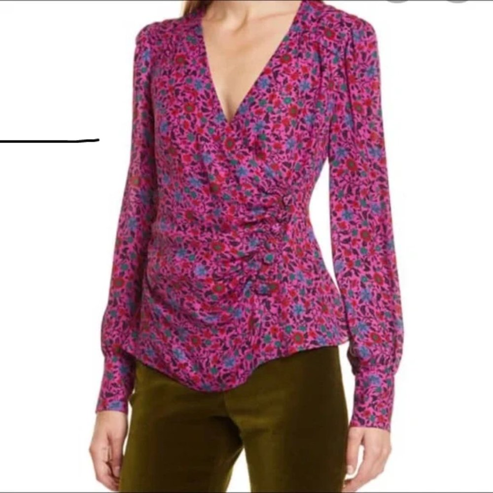 Veronica Beard Fuchsia Shirley Silk Floral Ruched Blouse 12 EUC
